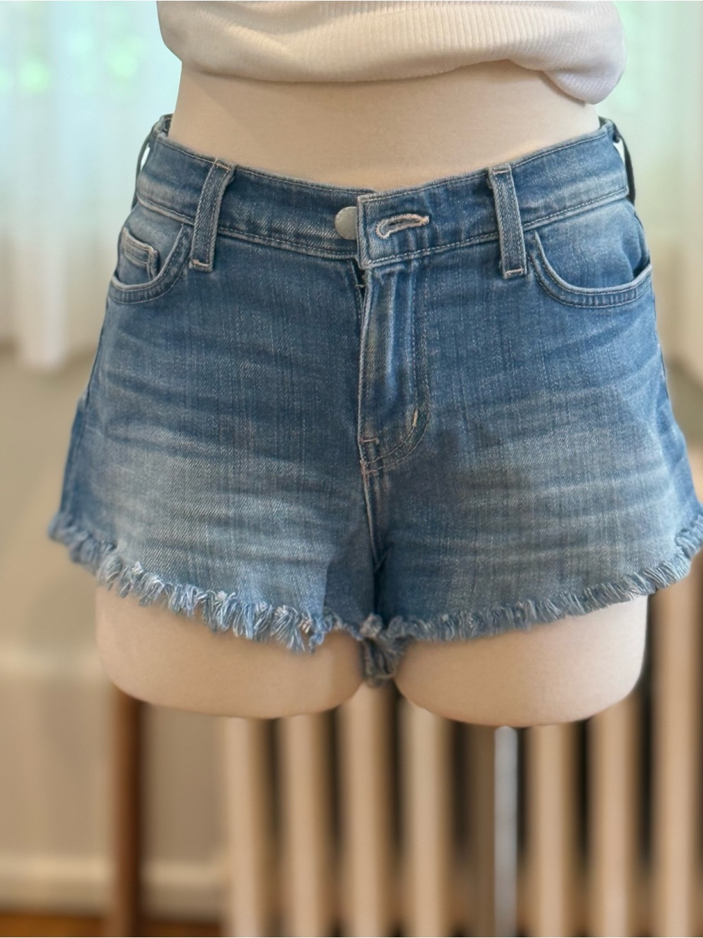 L'AGENCE Light Blue Frayed Hem Denim Shorts